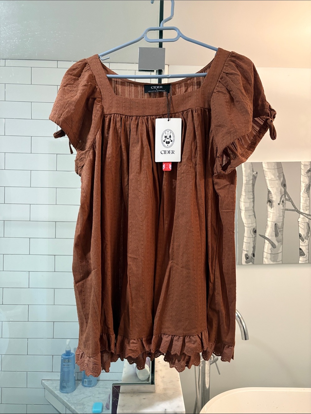 Cider Brown Square-Neck Puff Sleeve Blouse
